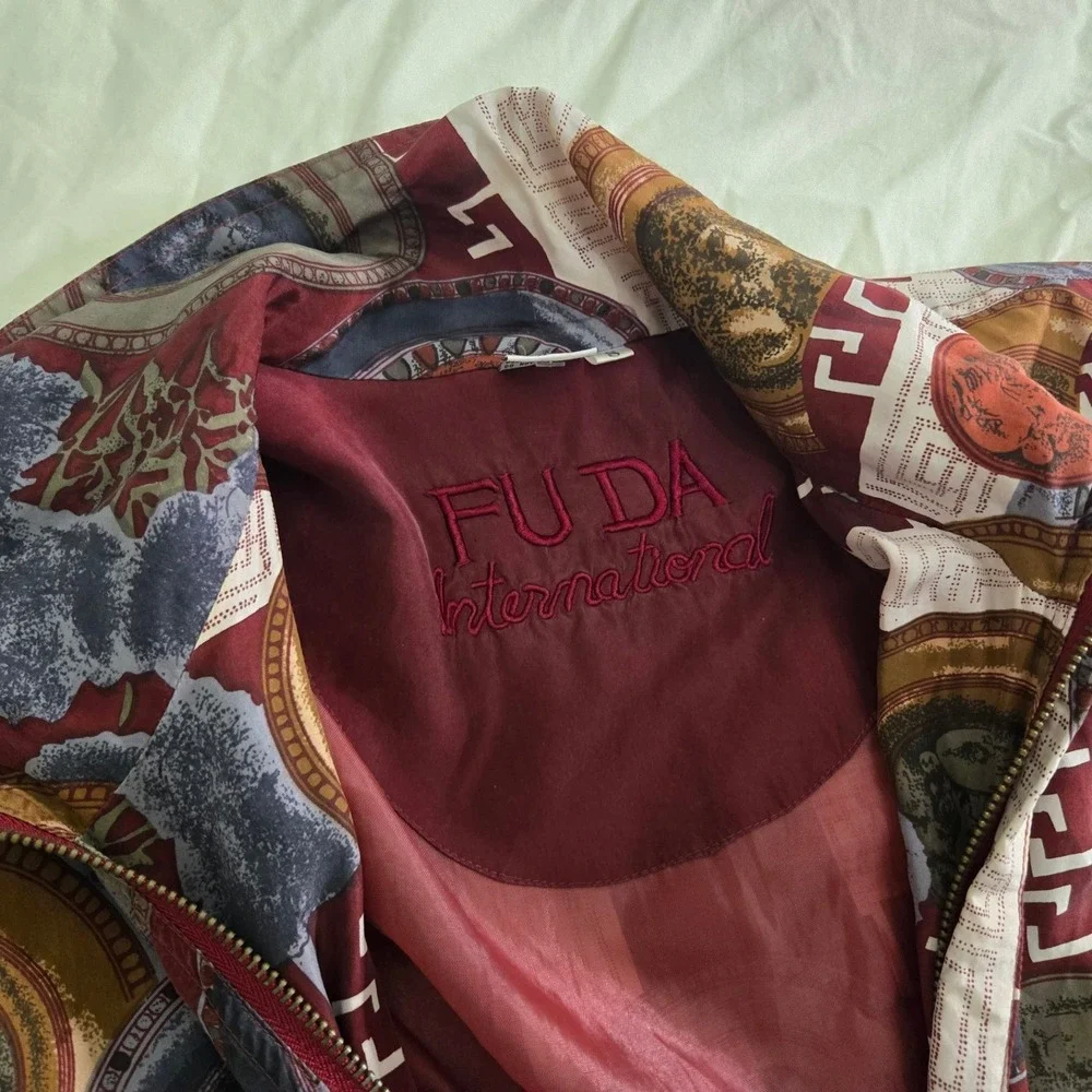 FU DA International Silk Bomber Jacket Small Burgundy Medallion Vintage - Picture 6 of 8